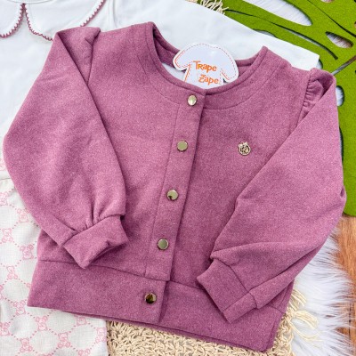 Conj. Casaco Soft, Blusa com Gola Bordada e Calça Legging Ursinhos - Uva e Areia